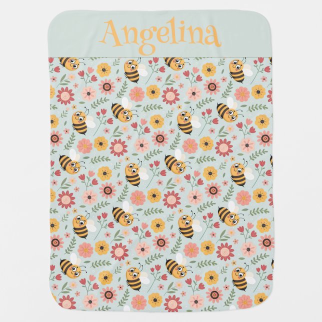 Cute cartoon bee flower yellow pattern monogram baby blanket (Front)