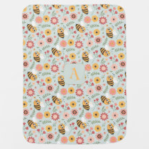 Cute cartoon bee flower yellow pattern monogram