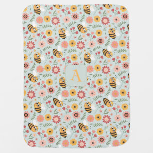 Cute cartoon bee flower yellow pattern monogram baby blanket