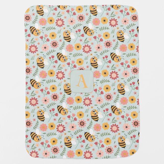 Cute cartoon bee flower yellow pattern monogram baby blanket (Front)