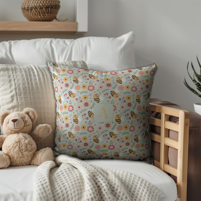 Cute cartoon bee flower yellow pattern monogram throw pillow (Creator Uploaded)