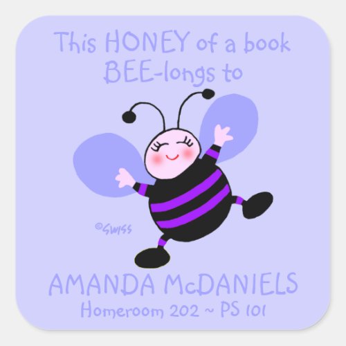 Cute Cartoon Bee Schoolbook Name Labels Purple