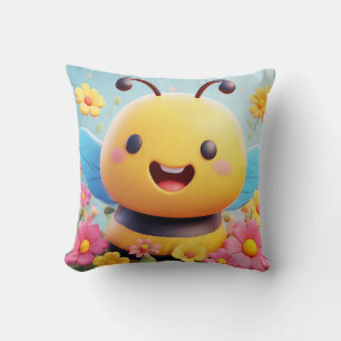 Cute Cartoon Bee Surrounded by Colorful Flowers Throw Pillow