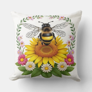 Cute Cartoon Bee Surrounded by Colorful Flowers Throw Pillow