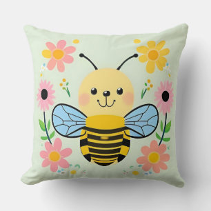 Cute Cartoon Bee Surrounded by Colorful Flowers Throw Pillow