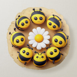 Cute Cartoon Bees Around Daisy Flower Round Pillow