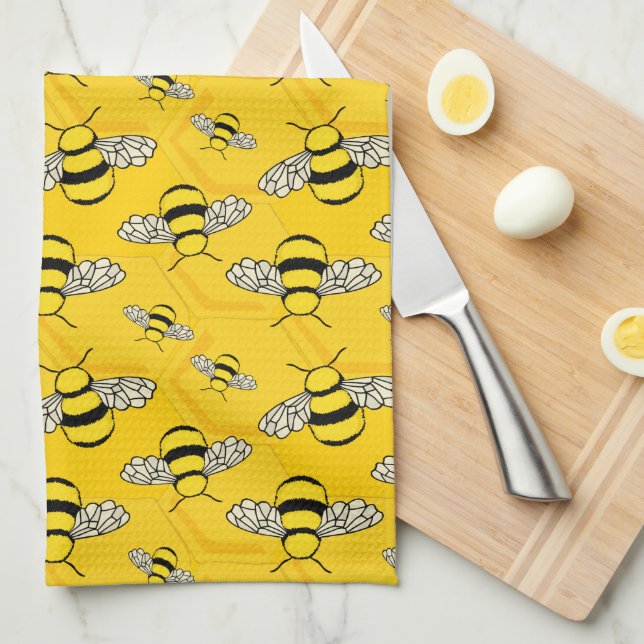 Cute Cartoon Bees in a Beehive Yellow Kitchen Towel (Quarter Fold)