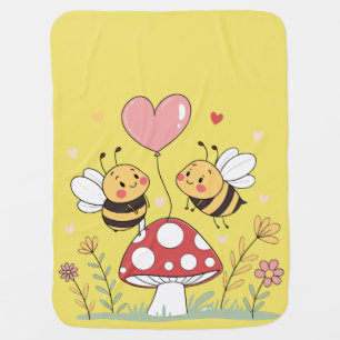 Cute Cartoon Bees with Heart Balloon on Mushroom Baby Blanket