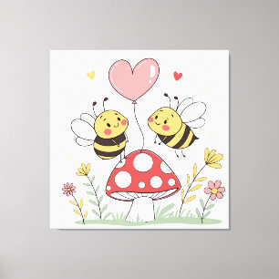 Cute Cartoon Bees with Heart Balloon on Mushroom Canvas Print