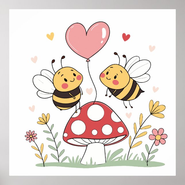 Cute Cartoon Bees with Heart Balloon on Mushroom Poster (Front)