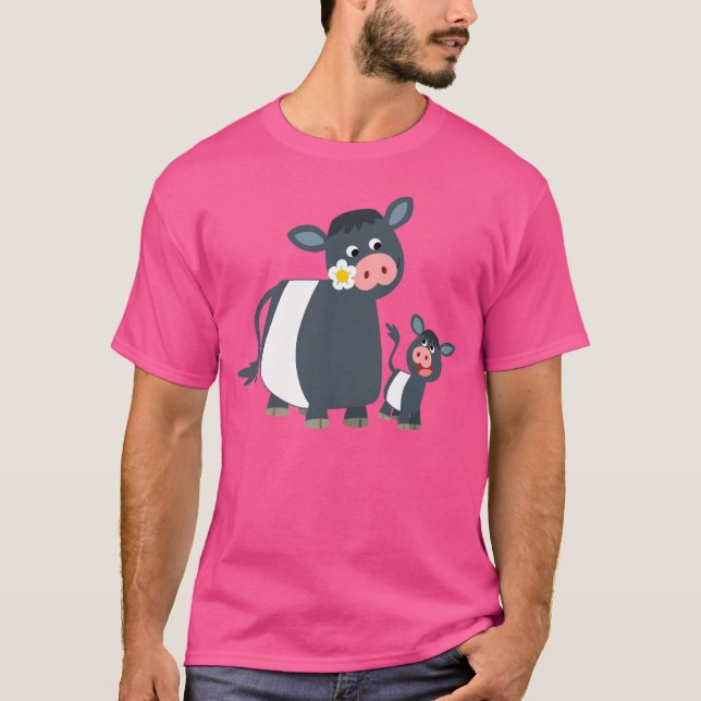 Cute Cartoon Belted Galloway Cow and Calf T-Shirt (Front)