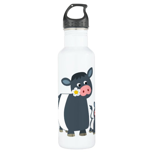 Cute Cartoon Belted Galloway Cow and Calf Water Bottle (Front)