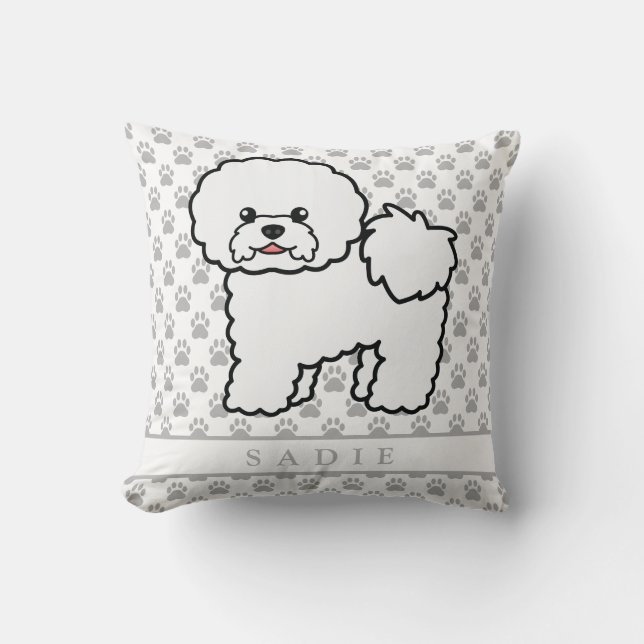 Cute Cartoon Bichon Frise Dog & Custom Name Throw Pillow (Front)