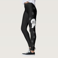 Cute Cartoon Bichon Frise Dog With Paws - Black Leggings