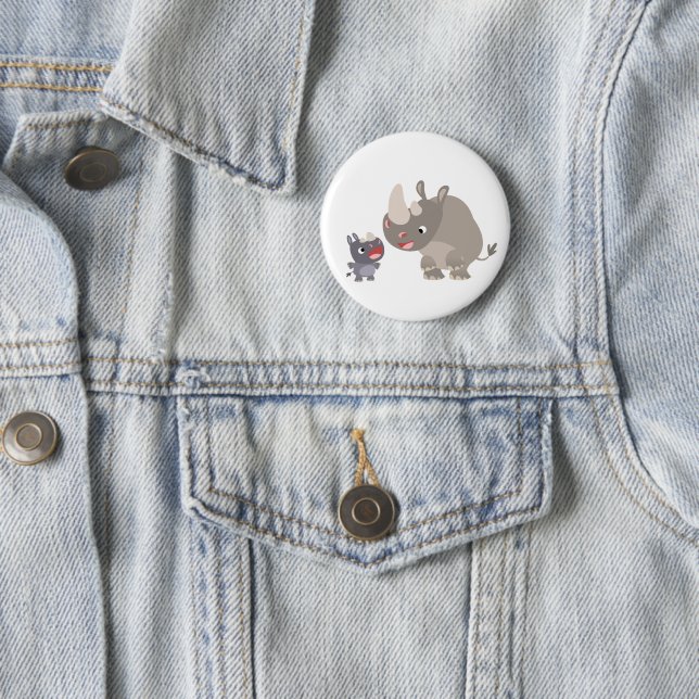 Cute Cartoon Big Rhino and Baby Rhino Button (In Situ)