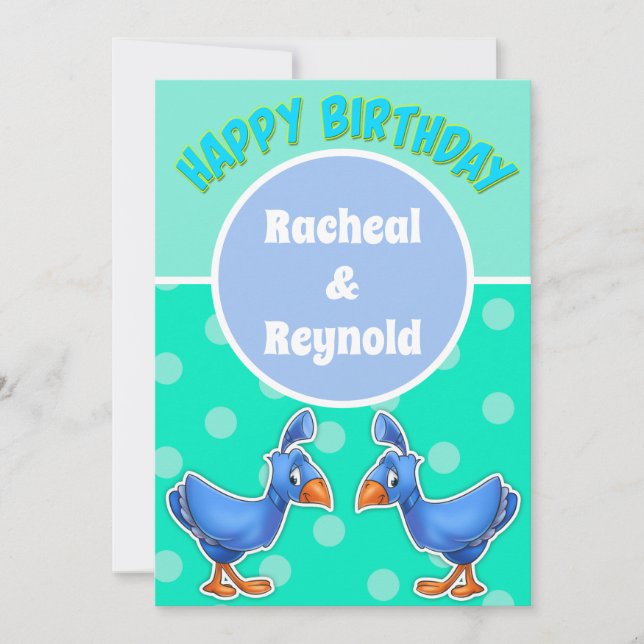Cute cartoon bird Twin Birthday Card (Front)