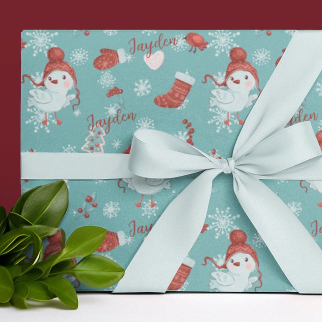 Cute Cartoon Birds Custom Name Kids Christmas Wrapping Paper (Cute Cartoon Animals Personalized Wrapping Paper
)