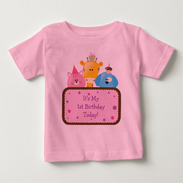 Cute Cartoon Birthday Animals Customizable Pink Baby T-Shirt (Front)