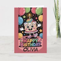 Cute Cartoon Birthday Cake with Rainbow Balloons