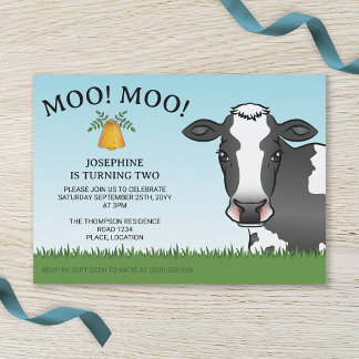 Cute Cartoon Black And White Cow Kid's Birthday Invitation