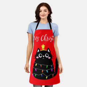Cute cartoon black cat Christmas tree Apron