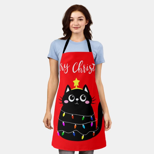 Cute cartoon black cat Christmas tree Apron (Worn)