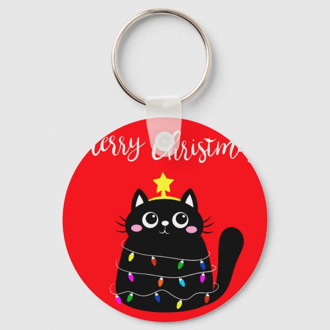Cute cartoon black cat Christmas tree Keychain (Front)