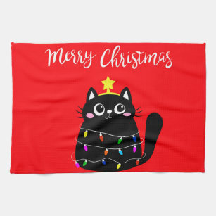 Fussy Figaro Cat Christmas Towel, Santa Cat, Tuxedo Cat Holiday Decoration,  Cat Christmas - Hand Printed Flour Sack Tea Towel, Dish Towel