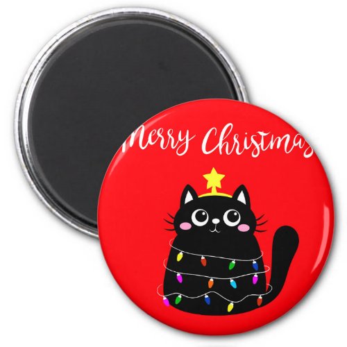 Cute cartoon black cat Christmas tree Magnet
