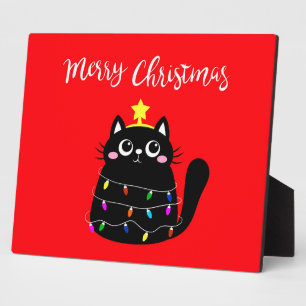 Cute cartoon black cat Christmas tree Plaque
