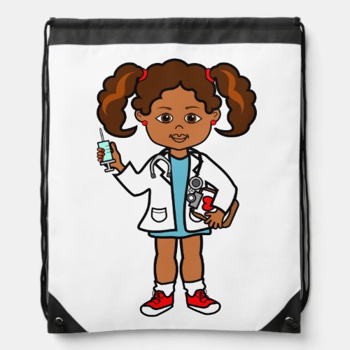 Cute Cartoon Black Girl Doctor Positive Image Drawstring Bag