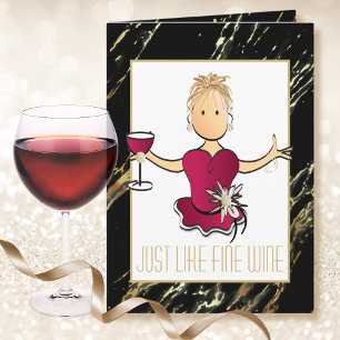Cute Cartoon Black Gold Sparkle Red Wine Birthday Card