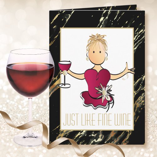 Cute Cartoon Black Gold Sparkle Red Wine Birthday  Card
