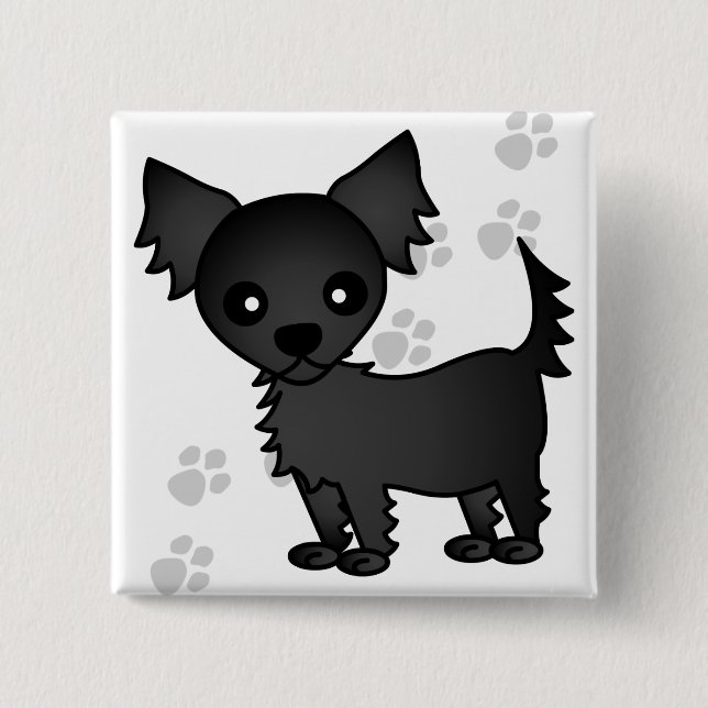 Cute Cartoon Black Long-haired Chihuahua Pinback Button (Front)