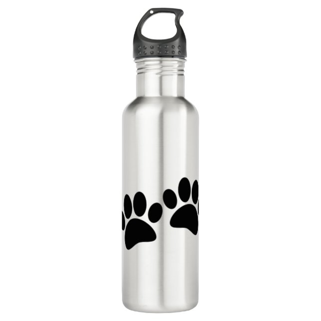 Cute Cartoon Black Puppy Paw Prints Stainless Steel Water Bottle (Front)