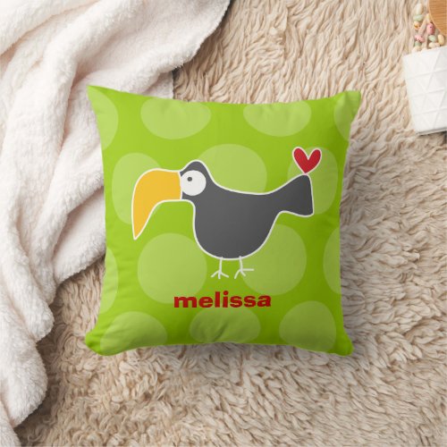 Cute Cartoon Black Toucan Bird Love Fun Dots Kids Throw Pillow