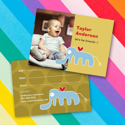 Cute Cartoon Blue Elephant Photo Kids Play Date Calling Card