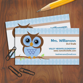 Cute Cartoon Blue Owl Teacher Contact Business Card by reflections06 at Zazzle