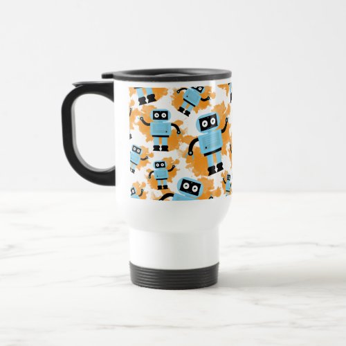 Cute Cartoon Blue Robot Orange Splash Travel Mug