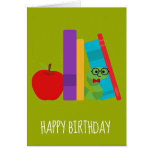 Cute cartoon book lover bookworm birthday cards