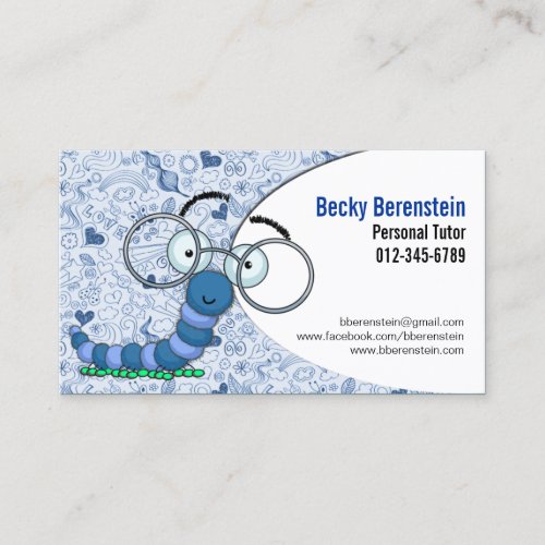 Cute Cartoon Bookworm Tutor Blue Business Card