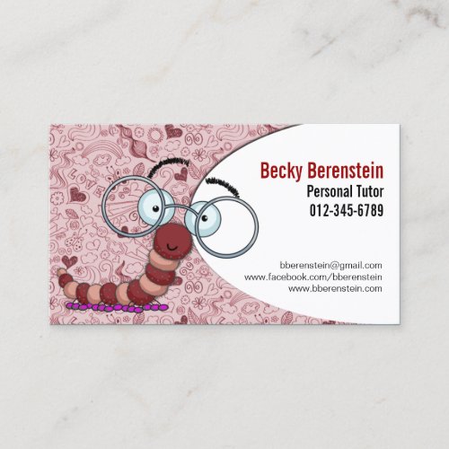 Cute Cartoon Bookworm Tutor Red Business Card