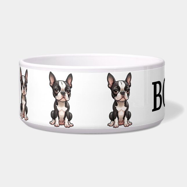 Cute Cartoon Boston Terrier Personalize Bowl (Left)