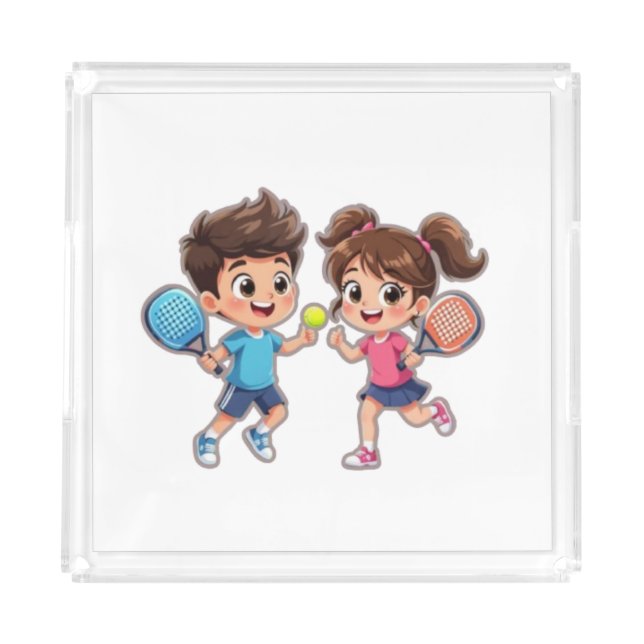 Cute Cartoon Boy and Girl Playing Padel Tennis – F Acrylic Tray (Front)