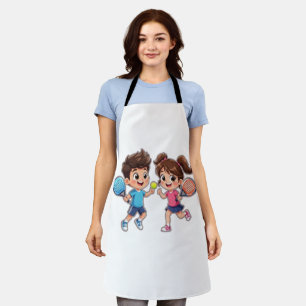 Cute Cartoon Boy and Girl Playing Padel Tennis – F Apron