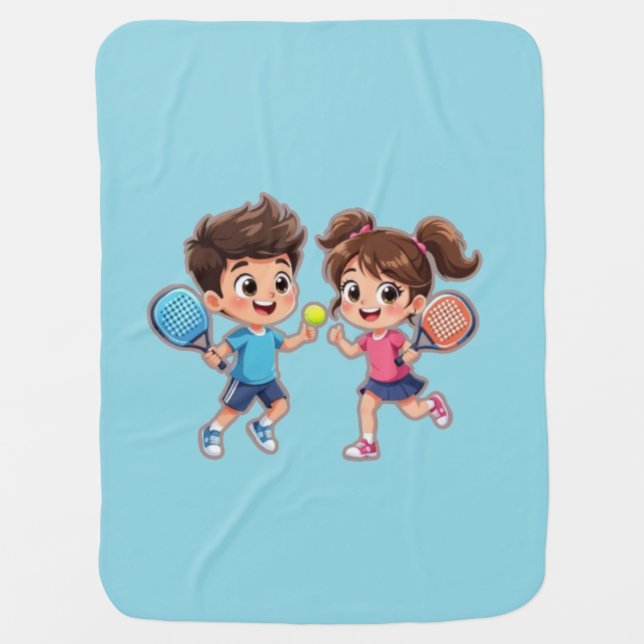 Cute Cartoon Boy and Girl Playing Padel Tennis – F Baby Blanket (Front)