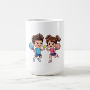 Cute Cartoon Boy and Girl Playing Padel Tennis – F Coffee Mug