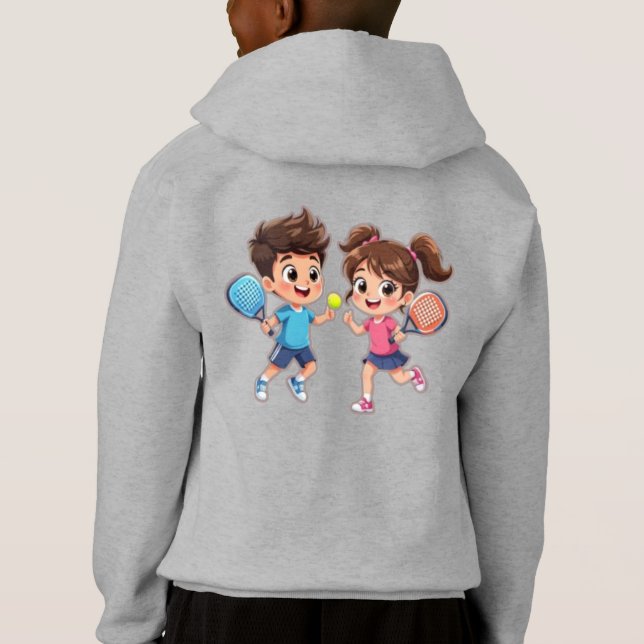 Cute Cartoon Boy and Girl Playing Padel Tennis – F Hoodie (Back)