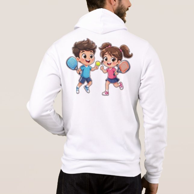Cute Cartoon Boy and Girl Playing Padel Tennis – F Hoodie (Back)