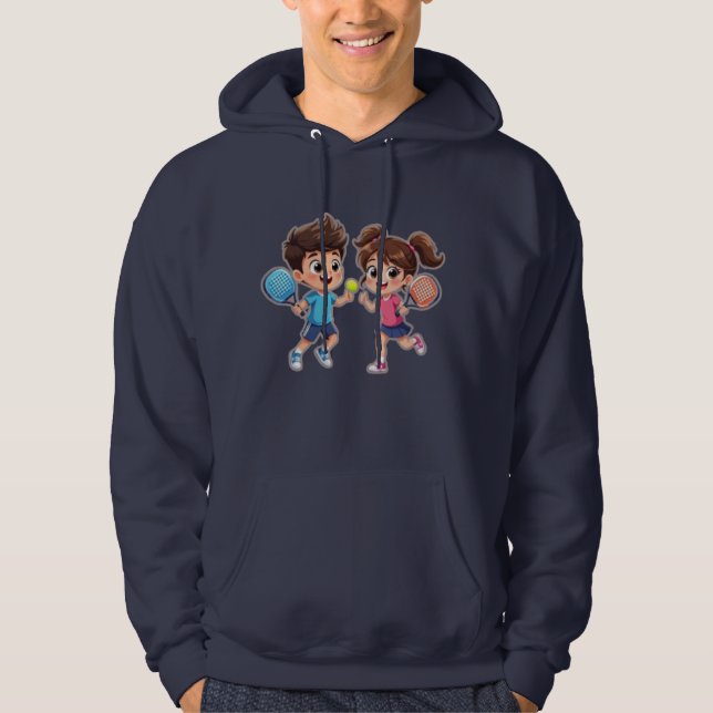 Cute Cartoon Boy and Girl Playing Padel Tennis – F Hoodie (Front)